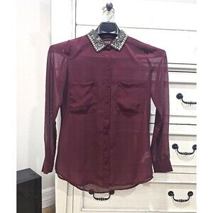 Venus Sheer Blouse 6 Long sleeve Maroon Beaded Collar Embellished Office Siren